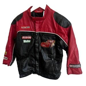 Vintage Cars Lightening McQueen Leather Jacket Youth Size 6x Red Racing Disney‎